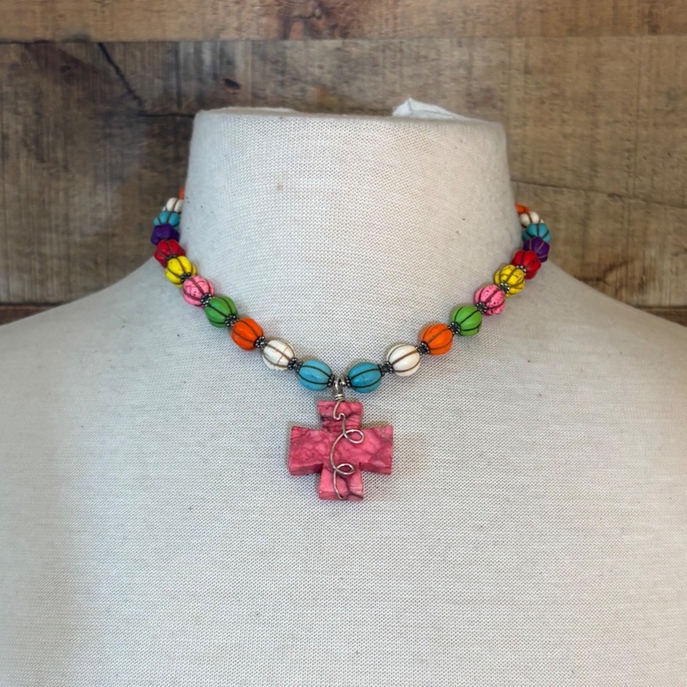 Multicolor Rainbow Beaded Cross Necklace Pink Faux Stone Pendant